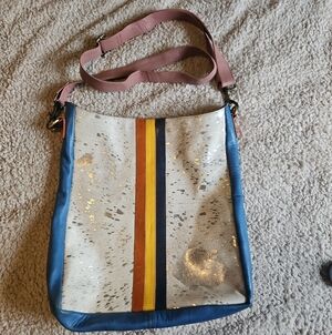 Leather and Haircalf Crossbody Bag in Blue, Pink & Multi-Stripe